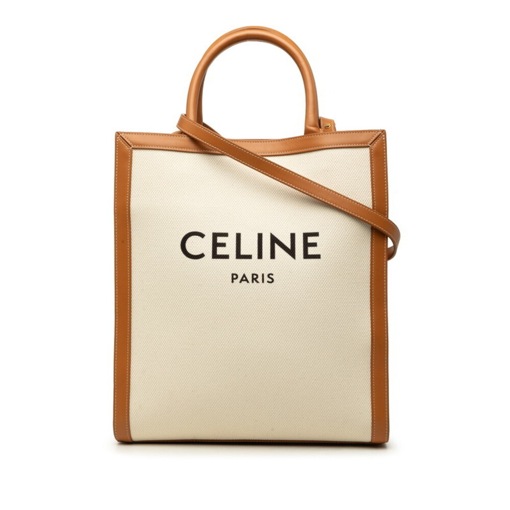 Celine Vertical Cabas Small Handbag 2-Way Shoulder Bag Ivory Brown Cotton Lea...